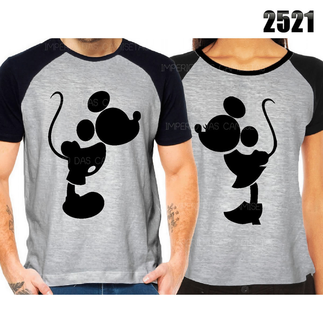 Kit Com 2 Camisetas Cinzas Raglan Namorados Casal Mickey Minnie Ref 2521