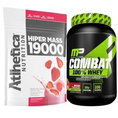Combo Hiper Mass 19000 Atlhetica + Combat 100% Whey Muscle Pharm