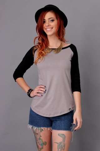 RAGLAN MANGA 3/4 FEMININA CINZA PEDRA + PRETO