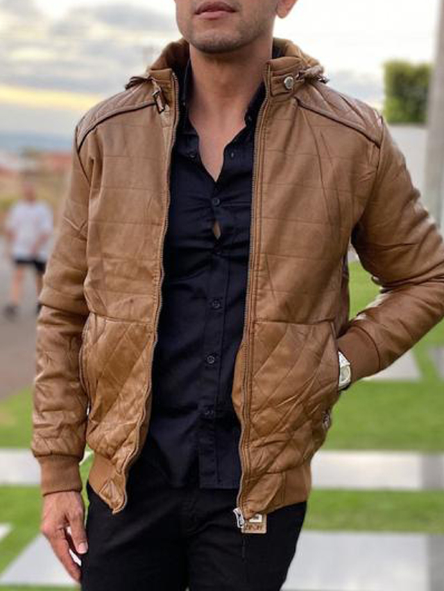 jaqueta de couro sintetico masculina com capuz