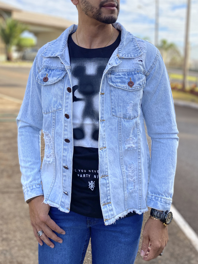 jaqueta jeans desfiada masculina