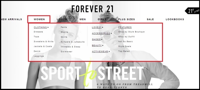 Ejemplo de super menu de la tienda Forever 21