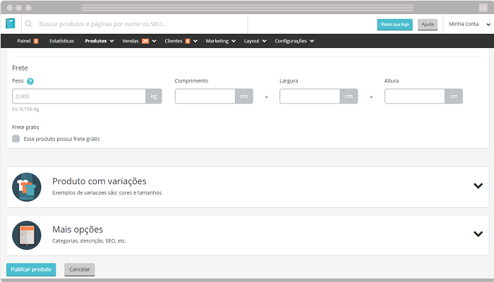 Cadastro de produtos loja virtual Nuvem Shop