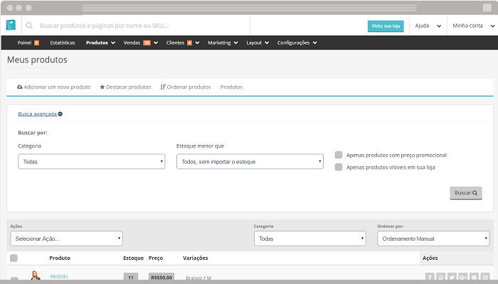 Filtro de produtos Nuvem Shop