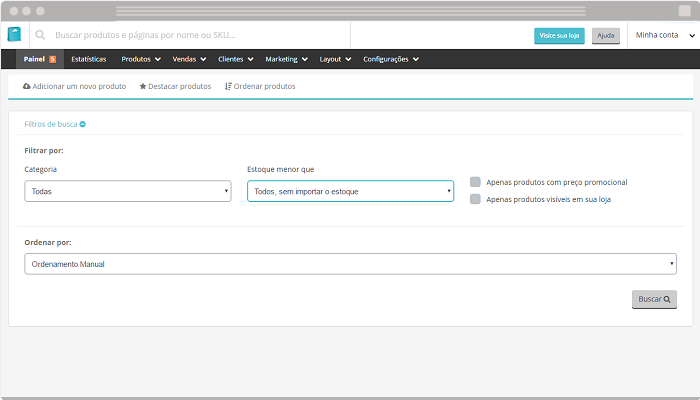 Filtros de produtos Nuvem Shop
