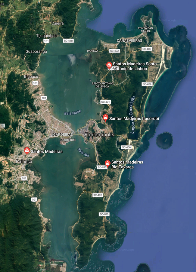 Mapa com a localização das lojas físicas da Santos Madeiras, Sendo a Matriz em Palhoça - SC, as demais em, Santos Antonio de Lisboa, Rio Tavares, Itacorubi em Florianópolis-SC