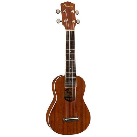 Um ukulele soprano de madeira escura e quatro cordas.