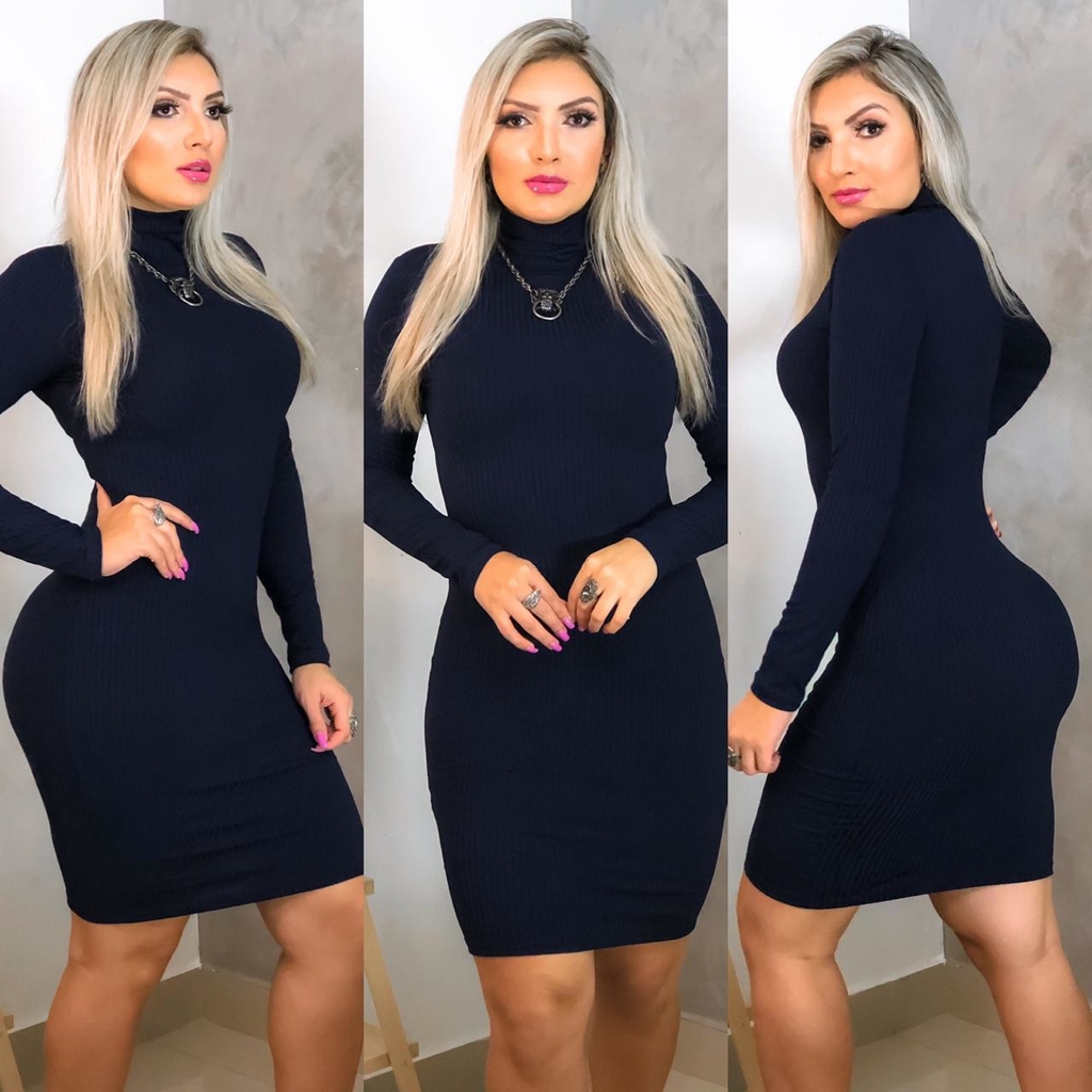 vestido azul marinho manga longa