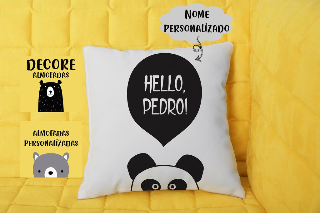 Capa para Almofada Decorativa Personalizada Animais Urso Panda - Hello (  Nome da Criança Personalizado)