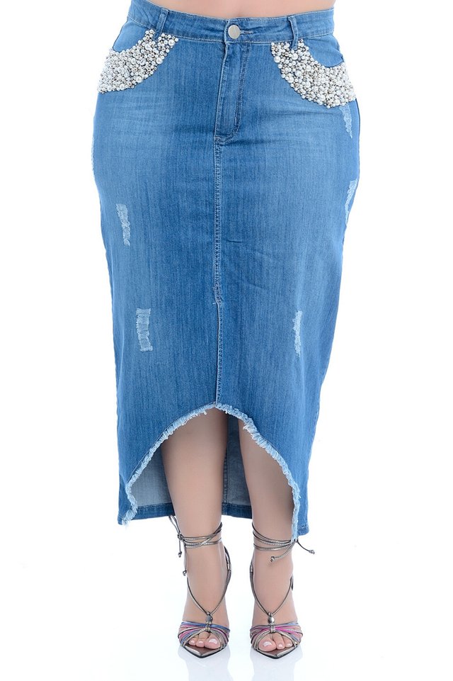 saia midi jeans plus size
