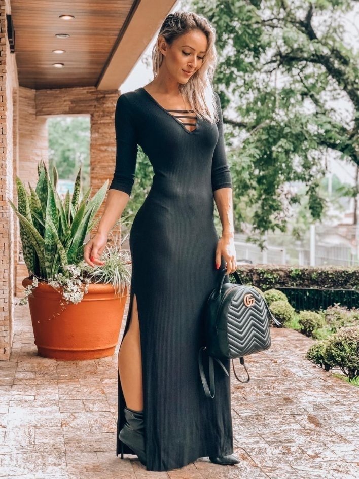 vestido de malha canelada longo
