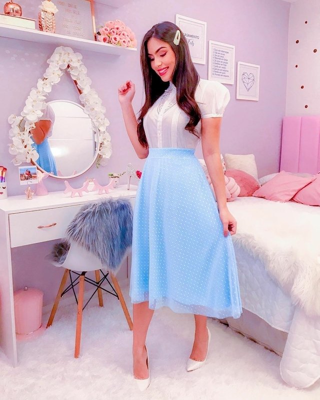 Blusa Manga Bufante Saia De Tule Azul Bb Bianca Paula