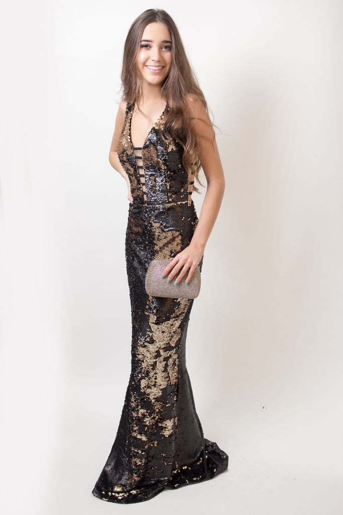 vestido preto com dourado longo