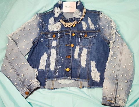 jaqueta jeans bordada com perola