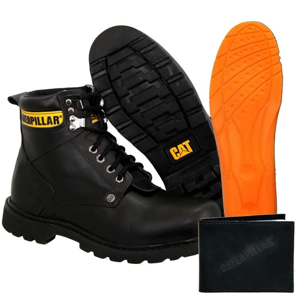 Coturno Bota Caterpillar Em Couro Preto Látego Reforçado Costurado + Palmilha PU Gel + Carteira em