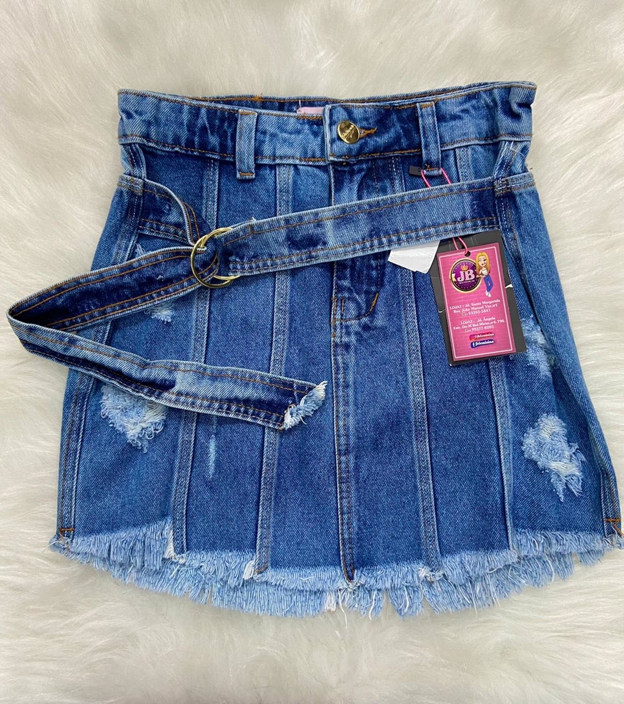 saia jeans curta desfiada na cintura