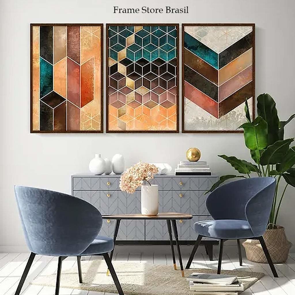 Quadro Decorativo Mosaico Cubos E Faixas Com Falsa Moldura