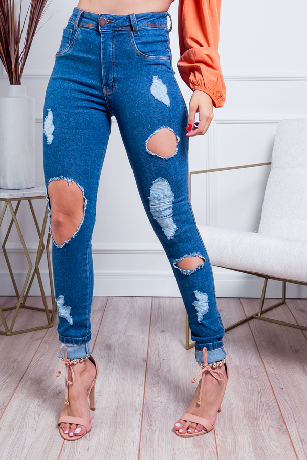 calça jeans destroyed feminina cintura alta