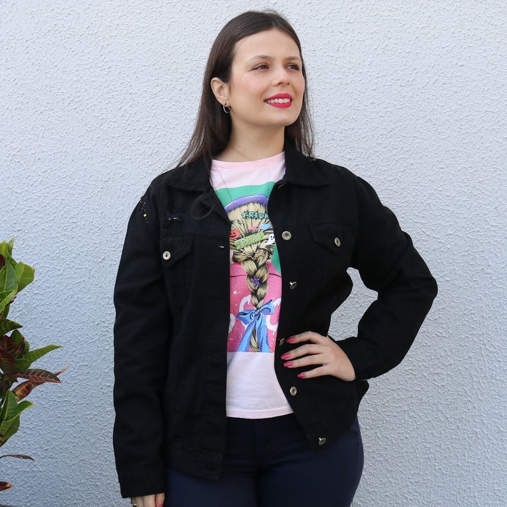 jaqueta jeans preta feminina