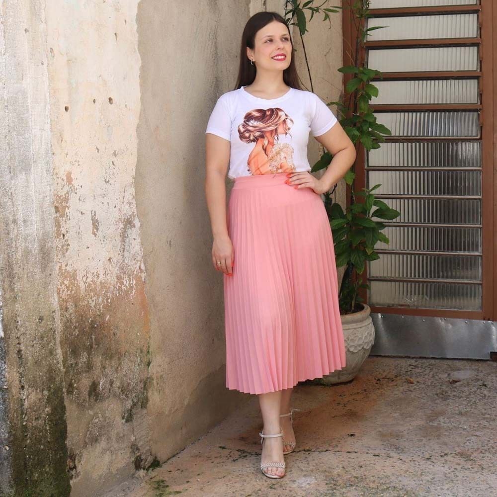 saia plissada rosa claro