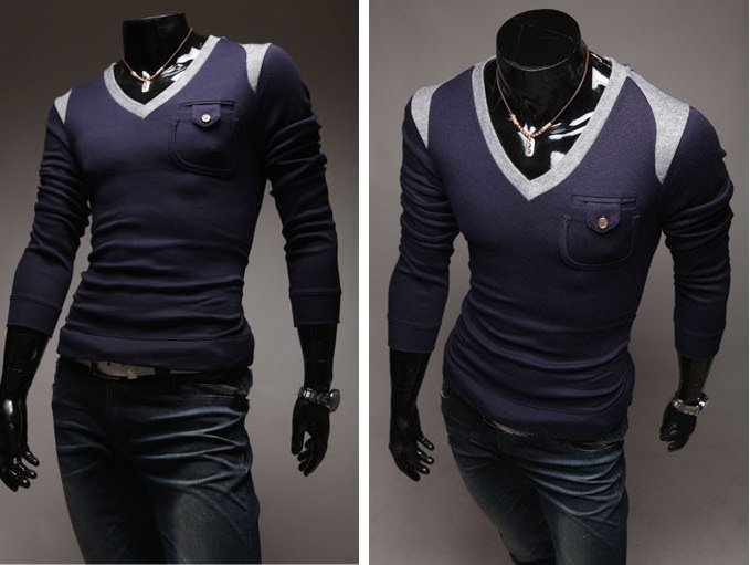 Sweater Moderno Cuello en V Detalles en el Hombro - Azul
