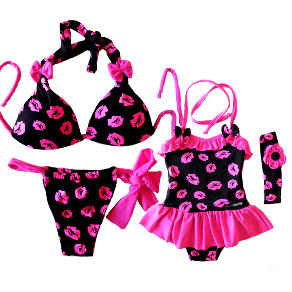 Biquini e Maiô de Beijo Preto e Rosa Tal Mãe Tal Filha EDIÇÃO LIMITADA