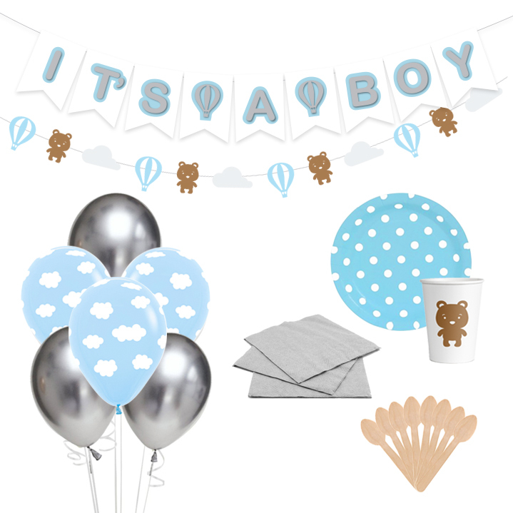 Kit de Baby Shower Globo Aerostático, Oso y Nubes