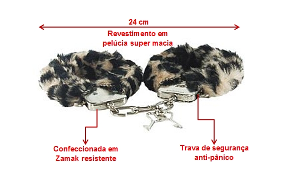 Dimensões da Algema em metal com capa em pelúcia Oncinha