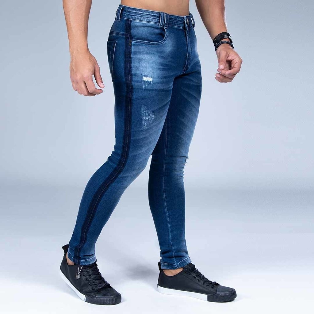 calça jeans com faixa lateral masculina