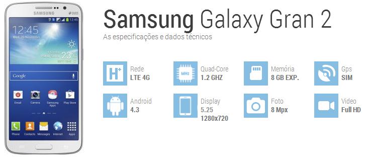 Smartphone Samsung Galaxy Gran 2 Duos TV SM-G7102 BRANCOTV Digital HD, Dual  Chip, Tela de 5.3", Android 4.3 e Processador Quad Core de 1.2GHz