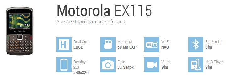 MOTOROLA EX115 MOTOKEY CINZA C/ CÂMERA 3MP, DUAL CHIP, MP3, FM, BLUETOOTH