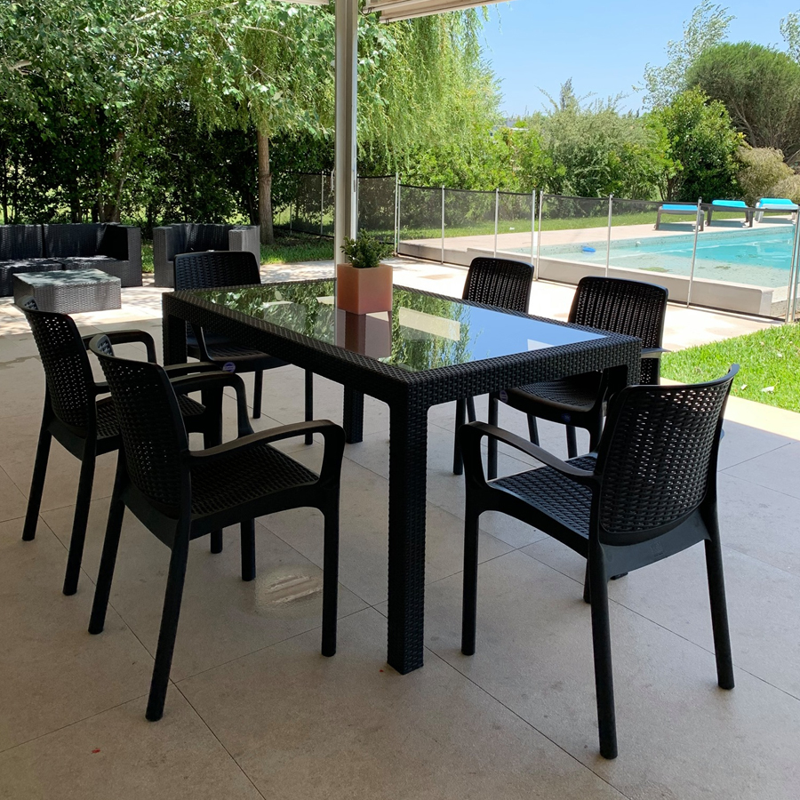 Juego De Jardin Rattan: Mesa Con Vidrio + 6 Sillas
