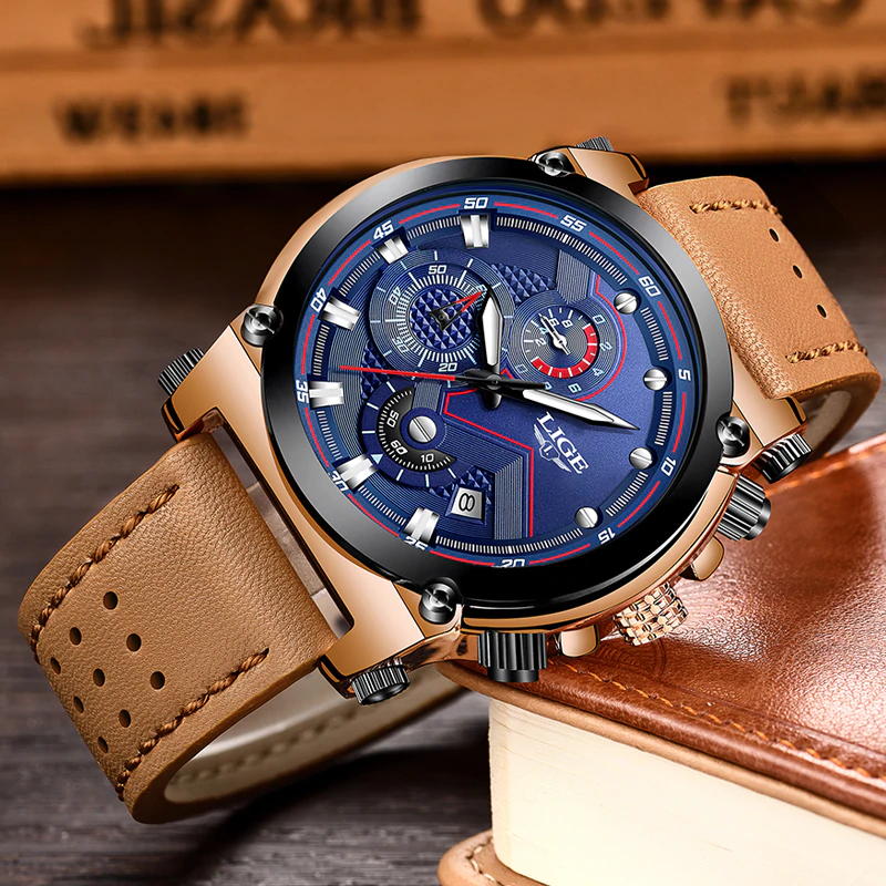 Relógio masculino Luxo LIGE pulseira em Couro - Frete Grátis