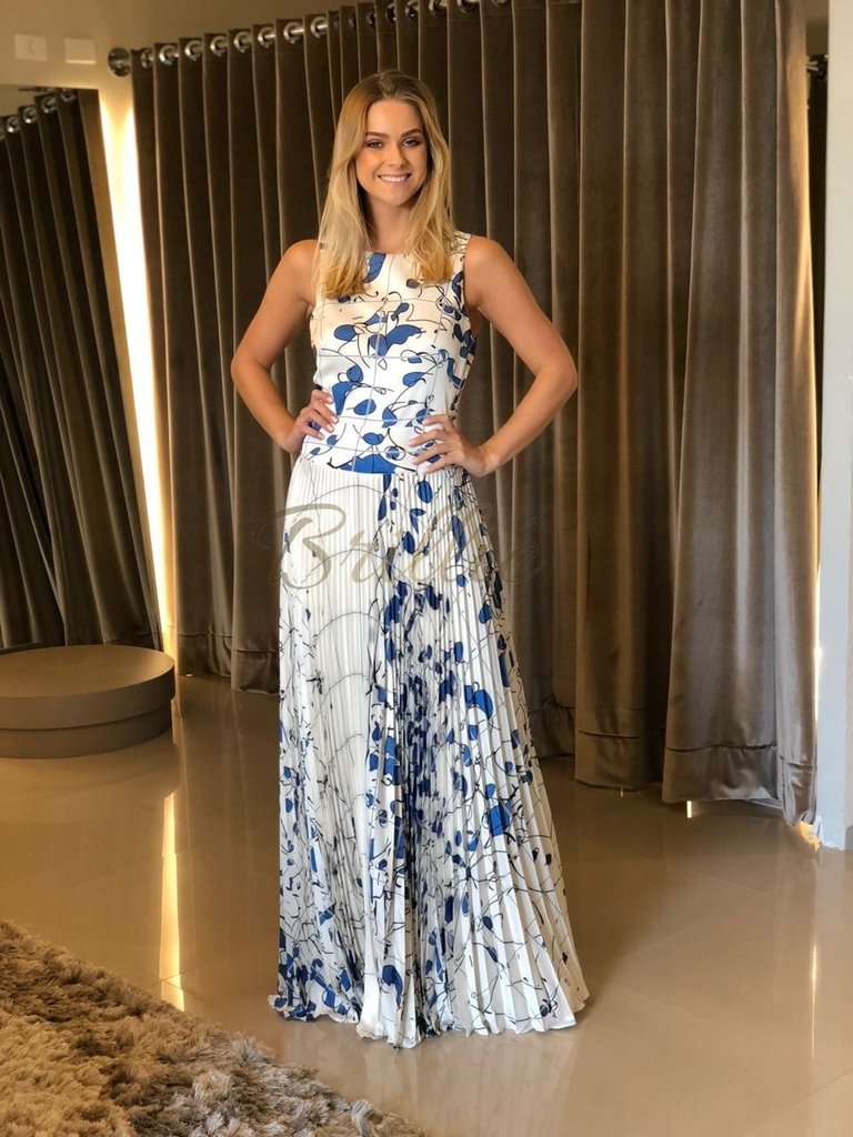 vestido longo plissado estampado