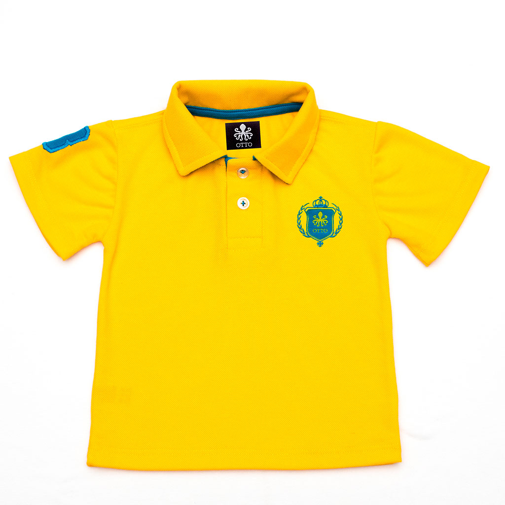 camisa polo infantil amarela com azul escudo otto