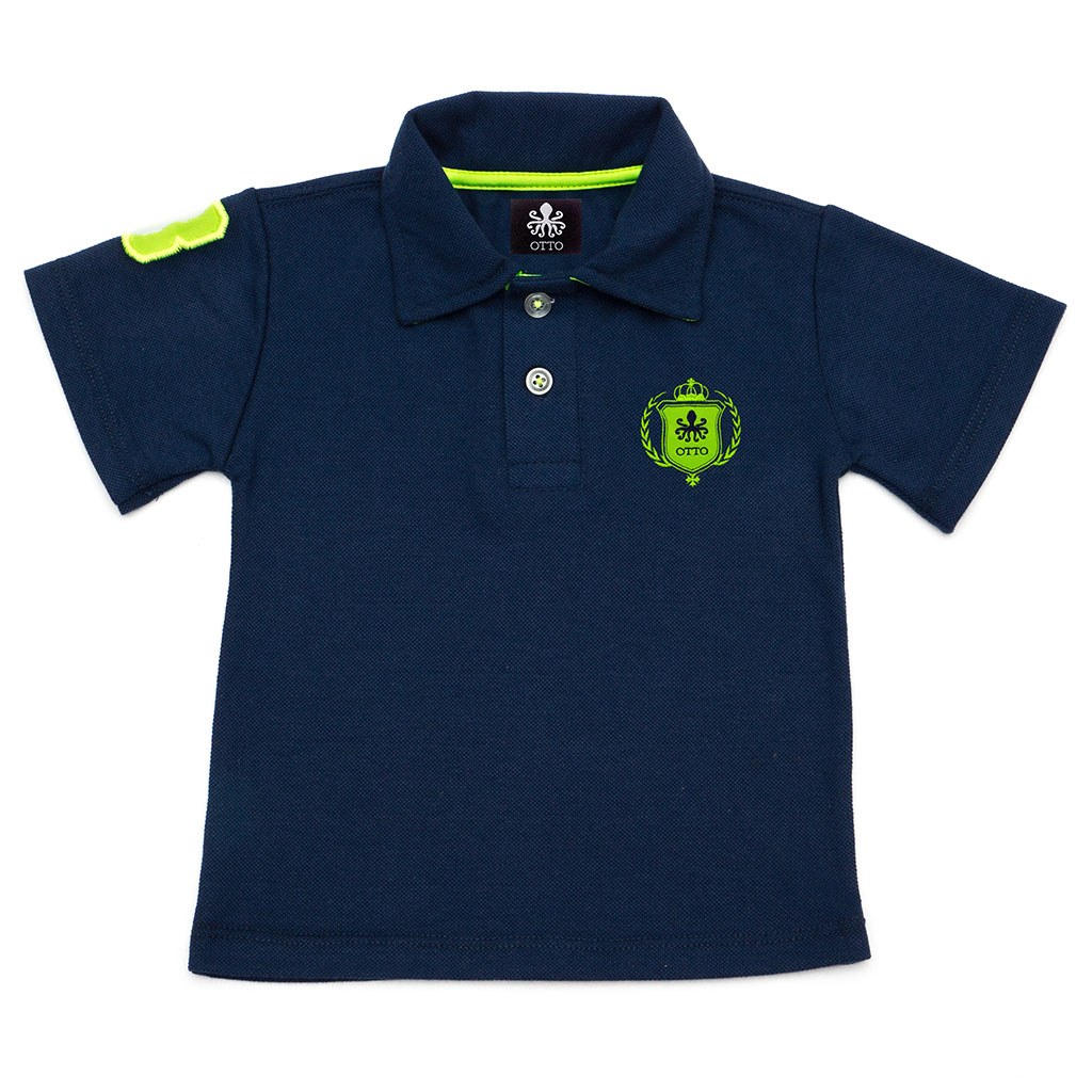 camisa polo infantil azul-marinho com verde-limão escudo otto