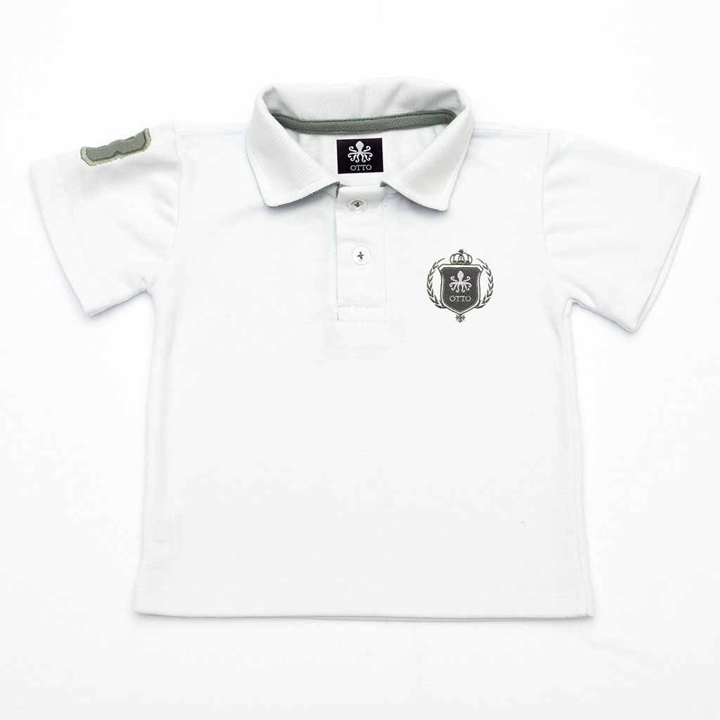 camisa polo infantil branca com cinza escudo otto
