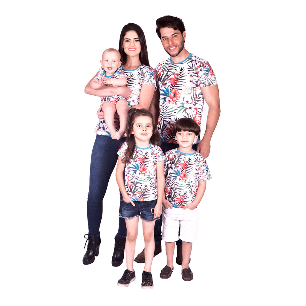 Kit Camisetas Família Flamingo e Flores Isabb