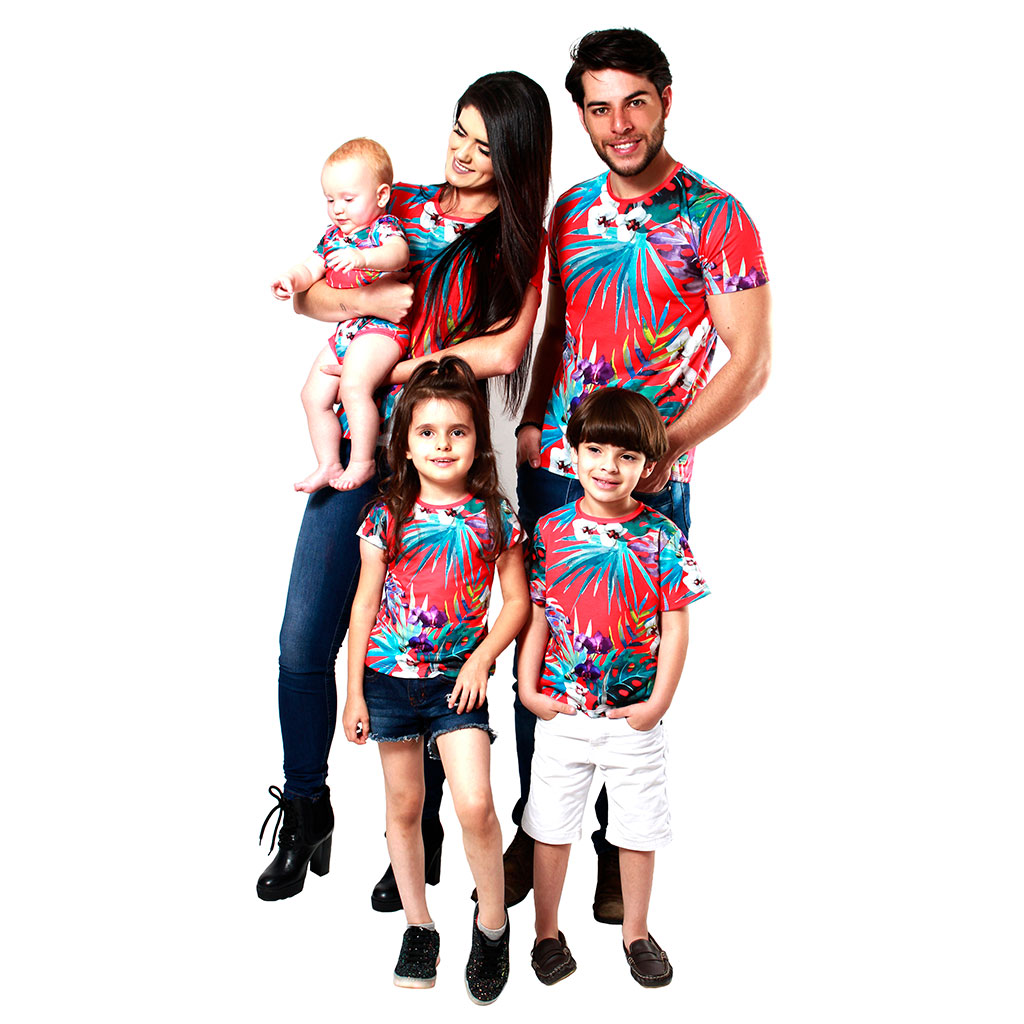 Kit Camisetas Família Floral Fundo Vermelho Isabb