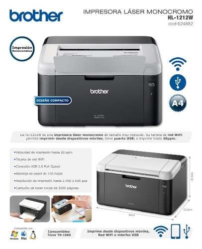 Impresora Brother Hl-l1212w Wifi Laser Monocromo 20ppm en Córdoba Vende
