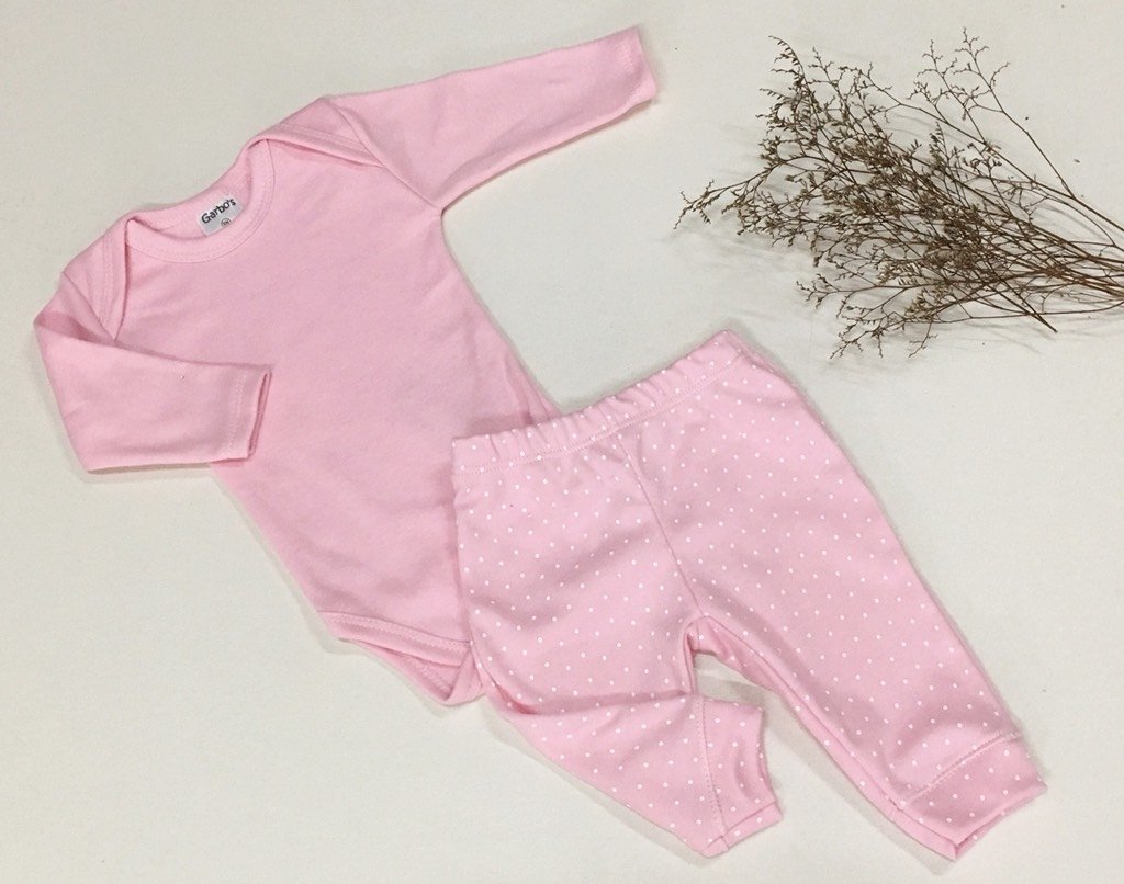 Conjunto Body liso e calça poá rosa bebê