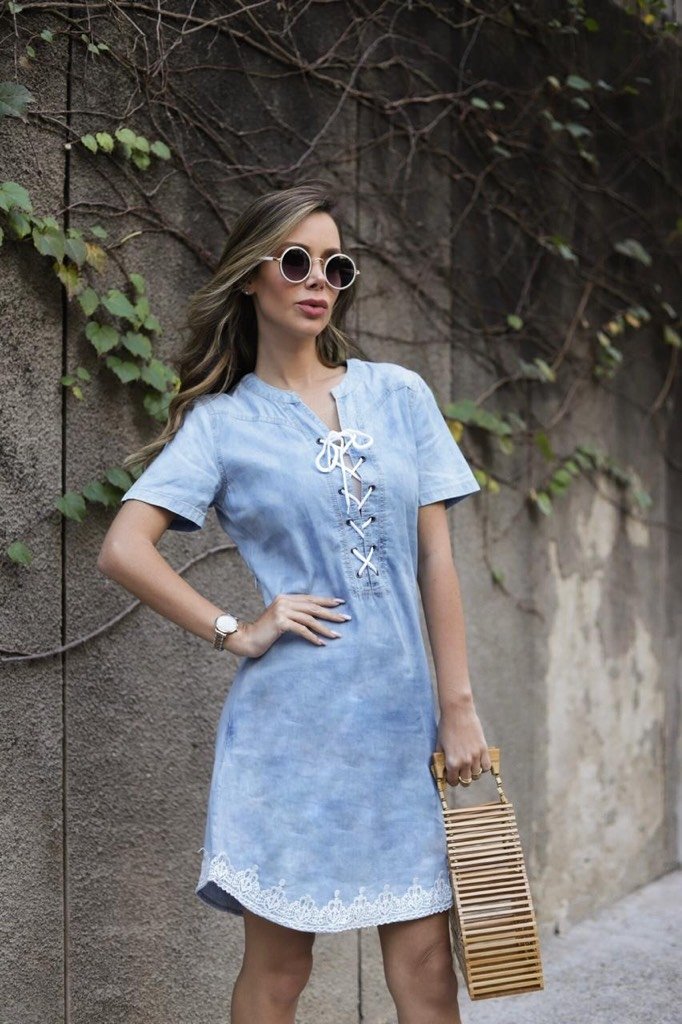 vestido jeans com renda preta