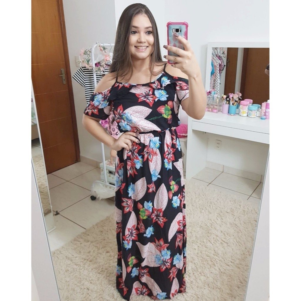 vestido longo estampado ombro a ombro