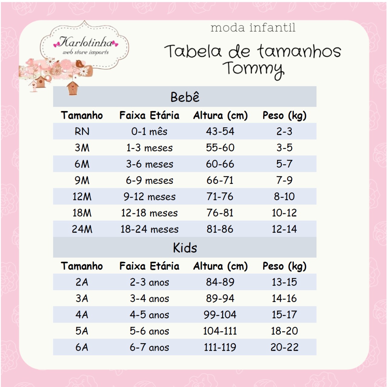 tabela de tamanho tommy infantil