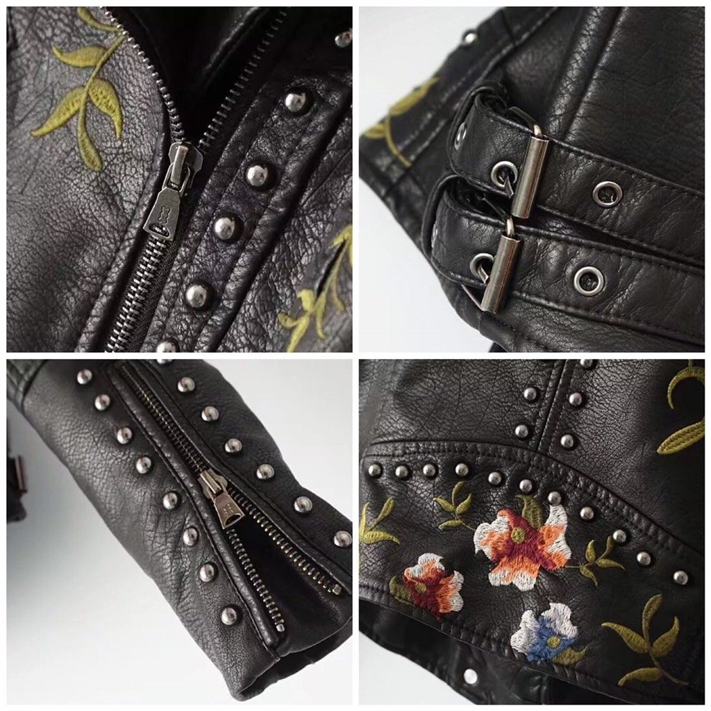 jaqueta de couro bordada feminina