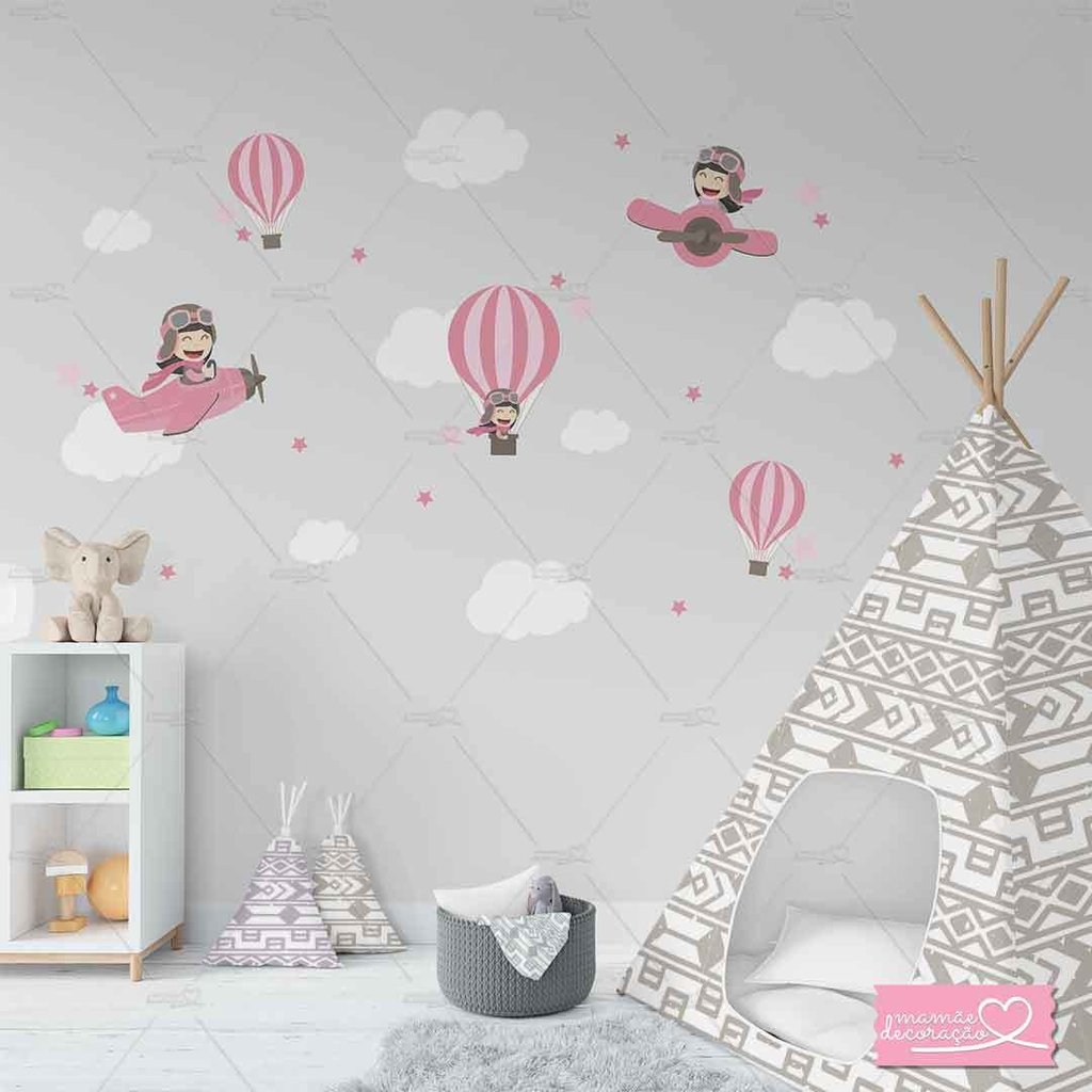 Menina Aviadora Kit Adesivos Decorativos De Parede Quarto Infantil Além dos adesivos para paredes. brl