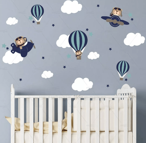 Urso Aviador Kit Adesivos Decorativos De Parede Quarto Infantil Menino Baloes Nuvens