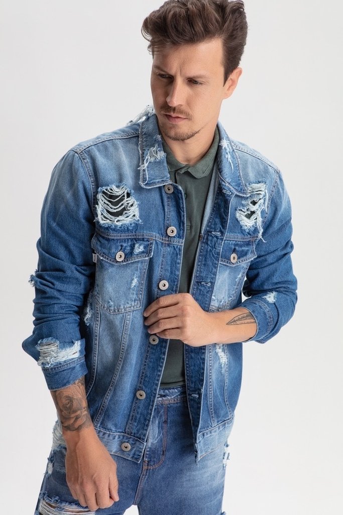 jaqueta destroyed jeans masculina