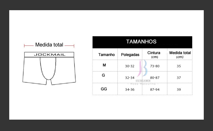 Tabela de medidas cuecas jockmail