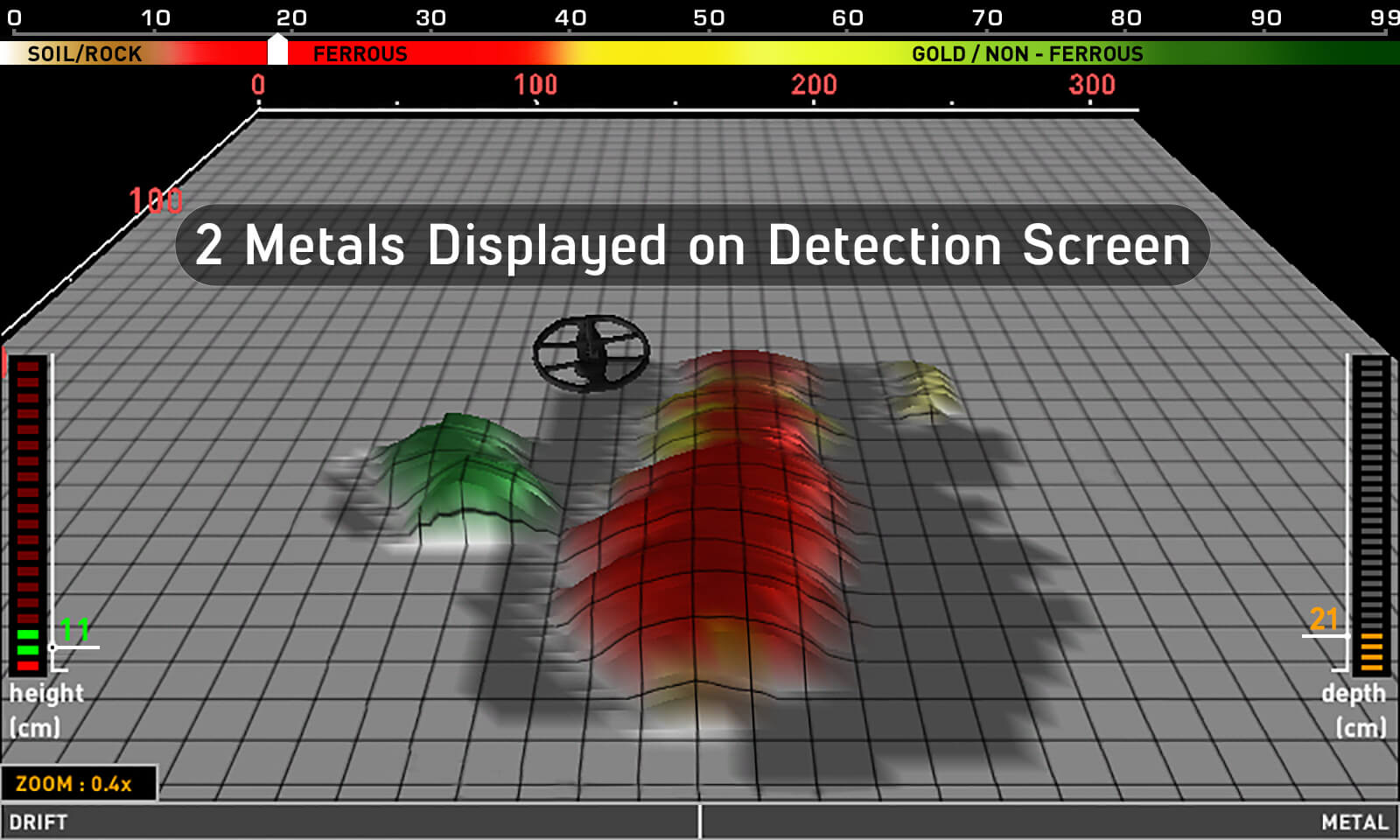 Projeção na tela de LCD da imagem 3D do objeto detectado no solo com o Detector de Metal Nokta Makro INVENIO PRO